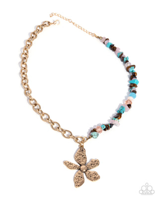 Floral Feint - Brown - Tiger's Eye, Turquoise, Rose Quartz Bead & Hammered Gold Flower Paparazzi Short Necklace