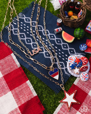 Unforgettable USA - Gold - Patriotic Americana Tiered Paparazzi Short Necklace
