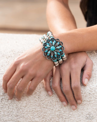 Floral Figment - Blue - Turquoise Stone Flower Paparazzi Stretchy Bracelet - 2025 Empower Me Pink Exclusive
