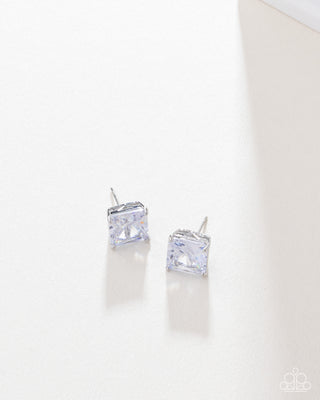GLOW Time - White - Oversized Princess Cut Gem Paparazzi Post Earrings - Blockbuster