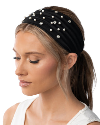 Effortless Energy - Black - White Pearl and Rhinestone Paparazzi Fabric Headband