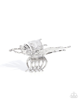 Flutter Following - White - Silver Butterfly Paparazzi Claw Clip