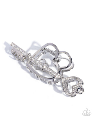 Lasting Lounge - White - Silver Heart Key Paparazzi Claw Clip
