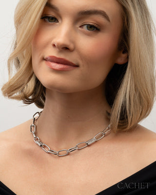 Courtoisie CACHET rhodium necklace worn by model front view