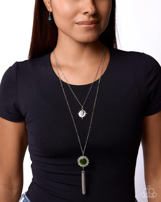 Cameo Composition green cat's-eye and silver layered short necklace, model view