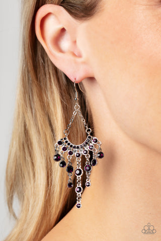 Commanding Candescence purple rhinestone chandelier fishhook earrings modeled