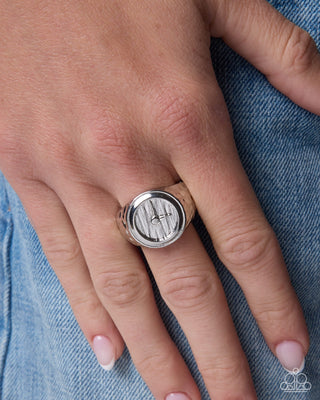 Compelling Clock textured silver watch-inspired stretch ring modeled