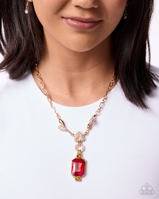 Constant Class red gemstone gold short necklace with matching earrings, model view