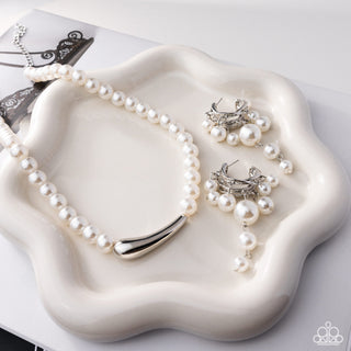White pearl necklace and dangling pearl earrings