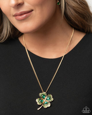 Four Leaf Fashion - Green - Rhinestone Encrusted Gold Clover St. Patrick's Day Paparazzi Short Necklace - Black Diamond Exclusive