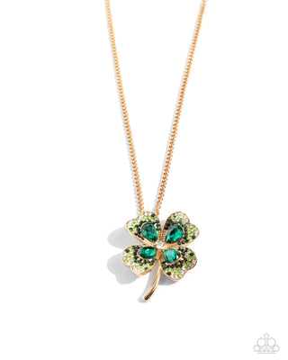 Four Leaf Fashion - Green - Rhinestone Encrusted Gold Clover St. Patrick's Day Paparazzi Short Necklace - Black Diamond Exclusive