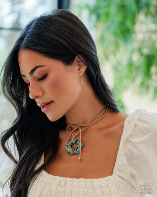 Tied Triumph - Brown - Turquoise Stone Flower Suede Cord Paparazzi Short Necklace