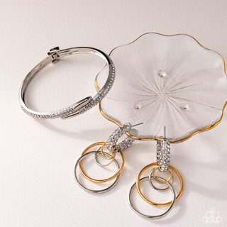 Silver rhinestone bracelet and dangling hoop earrings