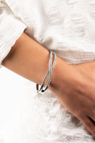 Woven in Wealth - White - Rhinestone Criss-Cross Paparazzi Hinge Bracelet