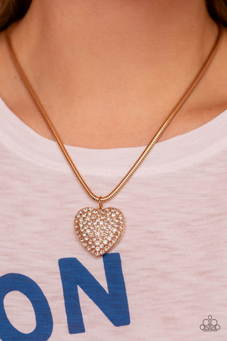 Sequined Sweetheart - Gold - White Rhinestone Heart Paparazzi Short Necklace - Selfie September 2023 Exclusive