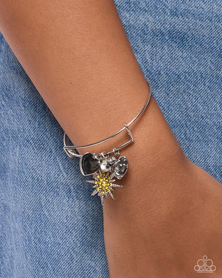 Serious Stare silver heart moon star yellow rhinestone bangle bracelet modeled