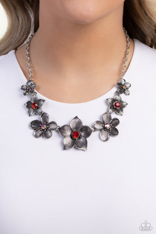 Free FLORAL - Red - Iridescent Rhinestone Center Flower Paparazzi Short Necklace