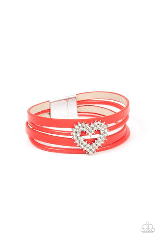 Wildly in Love, Red, Rhinestone Heart Leather Paparazzi Magnetic Bracelet