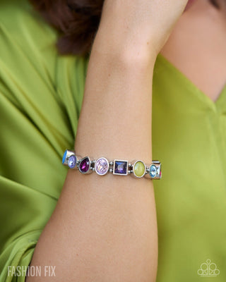 Multicolored gemstone bracelet modeled on wrist