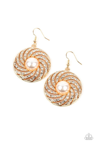 Vintage Vortex, Gold, White Rhinestone Swirl Pearl Center Paparazzi Fishhook Earrings, additional product photo 2