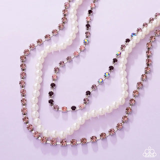 Class Change - Purple - Rhinestone and White Pearl Tiered Paparazzi Short Necklace - February 2025 Gimme the Glitz Exclusive