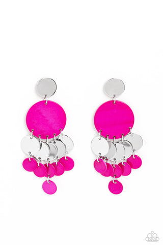 SHELL of the Ball - Pink - Seashell and Silver Disc Cascading Paparazzi Post Earrings