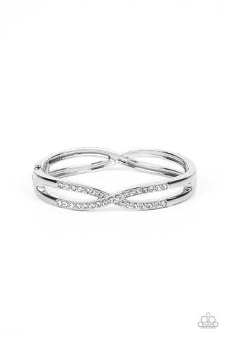 Woven in Wealth - White - Rhinestone Criss-Cross Paparazzi Hinge Bracelet