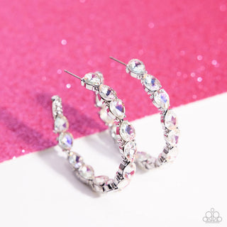 Presidential Pizzazz - White - and Iridescent Rhinestone Encrusted Paparazzi Hoop Earrings - March 2024 Life of the Party Exclusive
