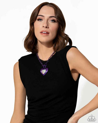 Modern Matchup - Purple - Oversized Painted Heart White Gem Center Paparazzi Toggle Short Necklace - March 2024 Life of the Party Exclusive