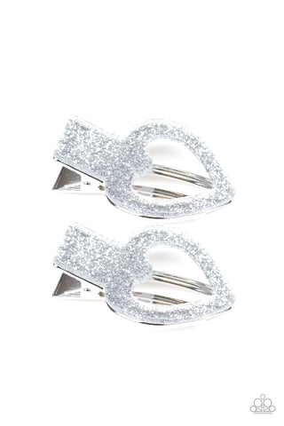 Glitter-Hearted Silver Paparazzi Hair Clip