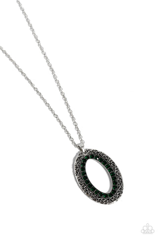 Villa Vixen - Green - Rhinestone and Silver Filigree Oval Fram Paparazzi Long Necklace