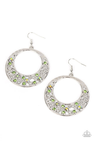 Enchanted Effervescence - Green - Iridescent Rhinestone Hammered Silver Hoop Paparazzi Fishhook Earrings