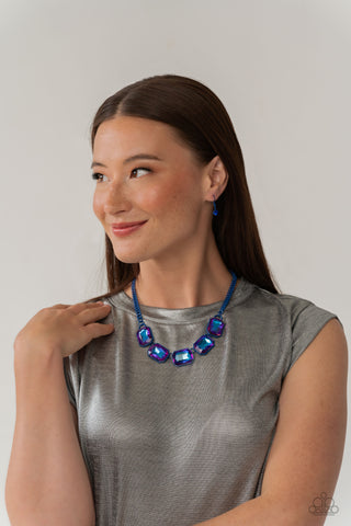 Emerald City Couture - Blue - Oversized UV Emerald Cut Purple Gem Paparazzi Short Necklace - June 2023 Life of the Party Exclusive