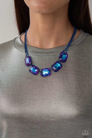 Emerald City Couture - Blue - Oversized UV Emerald Cut Purple Gem Paparazzi Short Necklace - June 2023 Life of the Party Exclusive