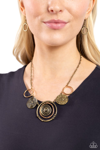 Mysterious Masterpiece - Brass - Studded and Hammered Mixed Metal Paparazzi Short Necklace