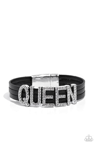 Queen of My Life - Black - White Rhinestone "Queen" Black Leather Paparazzi Magnetic Bracelet - November 2023 Life of the Party Exclusive
