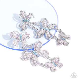 Fluttering Finale - Multi - Iridescent Rhinestone, White Pearl, Blue Rhinestone Butterfly Paparazzi Post Earrings - October 2023 Life of the Party Exclusive