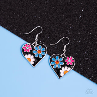 Generously Groovy - Black - Painted Flower Heart Paparazzi Fishhook Earrings