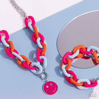 Speed SMILE - Pink - Blue, and Orange Acrylic Link Smiley Face Paparazzi Short Necklace