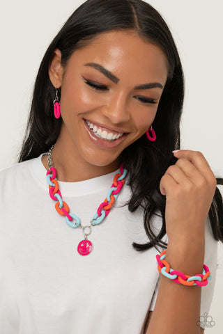 Speed SMILE - Pink - Blue, and Orange Acrylic Link Smiley Face Paparazzi Short Necklace