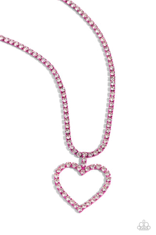 Flirting Fancy - Pink - White Rhinestone Metallic Heart Paparazzi Short Necklace