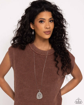 Sunflower Shift - Silver - Oversized Abstract Teadrop Pendant with Flower Paparazzi Long Necklace