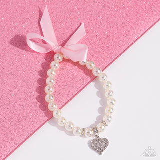 Prim and Pretty - Pink - Bow Iridescent Pearl Silver Heart Charm Paparazzi Stretchy Bracelet - 2024 Empower Me Pink Exclusive