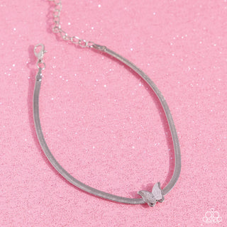 A FLIGHT-ing Chance - Silver - Herringbone Chain Butterfly Paparazzi Anklet - 2024 Empower Me Pink Exclusive