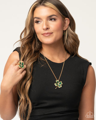Four Leaf Fashion - Green - Rhinestone Encrusted Gold Clover St. Patrick's Day Paparazzi Short Necklace