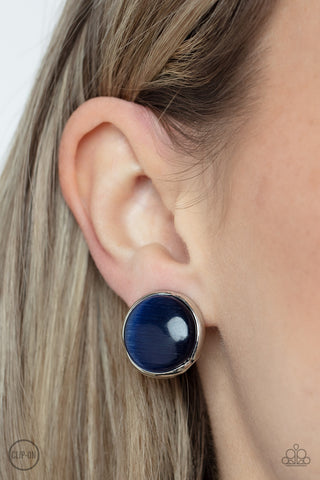 Cool Pools - Blue - Round Oversized Cat's Eye Stone Paparazzi Clip-On Earrings