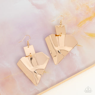 Deceivingly Deco - Gold - Triangular Warped Paparazzi Fishhook Earrings