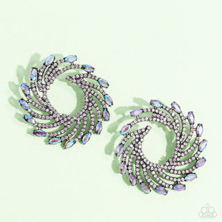 Firework Fanfare - Multi - Oversized Iridescent Rhinestone Swirly Paparazzi Post Earrings - April 2023 Life of the Party Exclusive