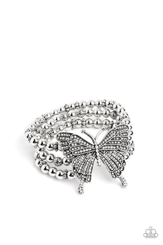 First WINGS First - White - Oversized Rhinestone Butterfly Paparazzi Stretchy Bracelet - 2023 Empower Me Pink Exclusive