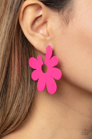 Flower Power Fantasy - Pink - Asymmetrical Flower Paparazzi Hoop Earrings